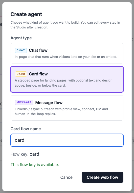 Create agent with Card flow selected