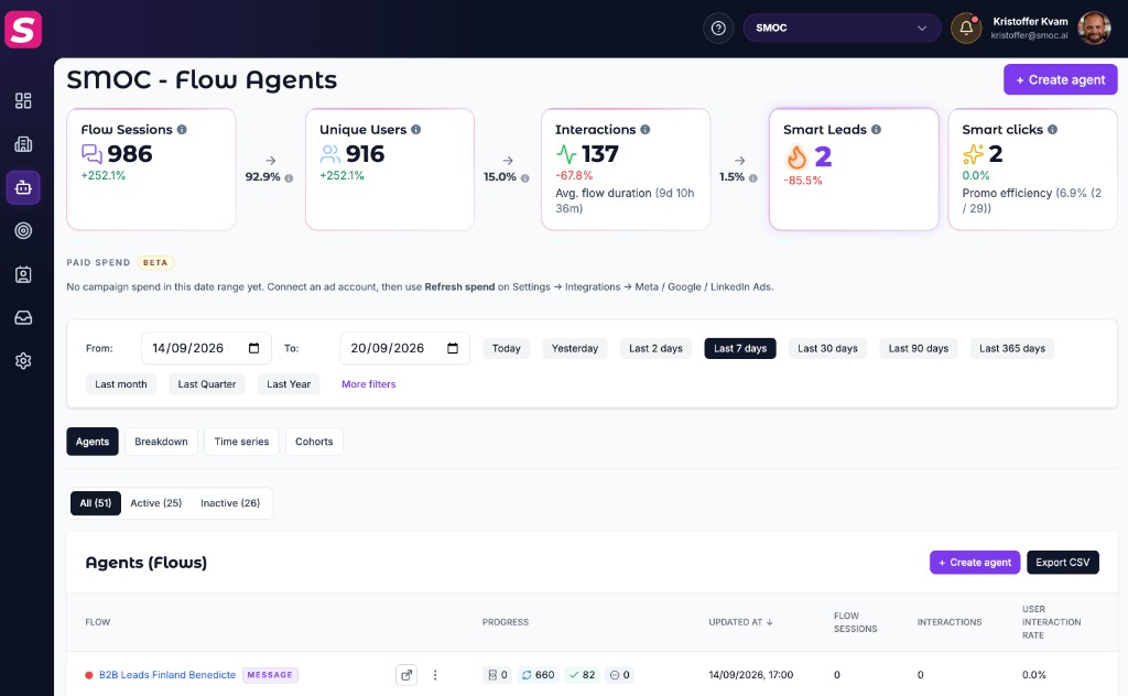 Console Flow Agents list with KPIs, Agents tab, and message-flow rows
